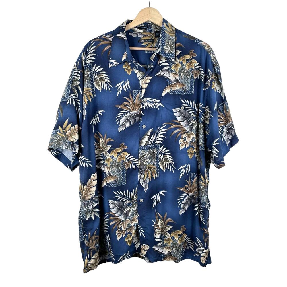 Van Heusen Hawaiian Aloha Tropical Button Up Short Sleeve Shirt Blue Size L
